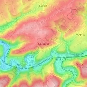 Mapa topográfico Cornesse, altitud, relieve