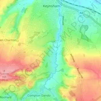 Mapa topográfico Chewton Keynsham, altitud, relieve