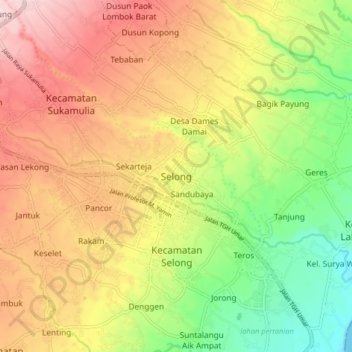 Mapa topográfico Selong, altitud, relieve