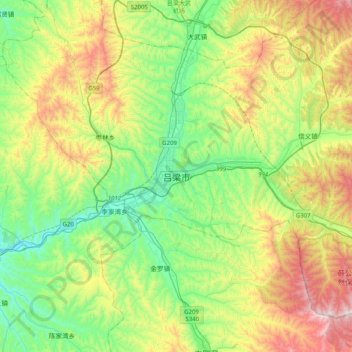 Mapa topográfico Lüliang, altitud, relieve