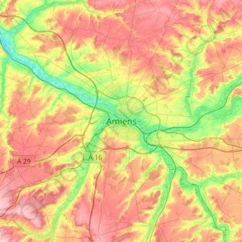 Mapa topográfico Amiens, altitud, relieve