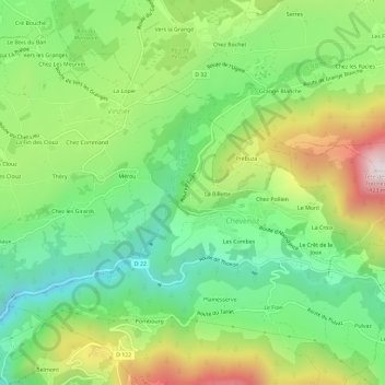 Mapa topográfico Le Crêt, altitud, relieve