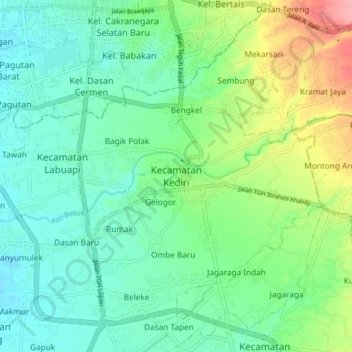 Mapa topográfico Kecamatan Kediri, altitud, relieve