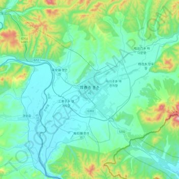 Mapa topográfico Hunchun, altitud, relieve