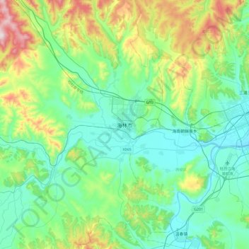 Mapa topográfico Hailin, altitud, relieve