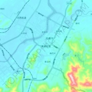 Mapa topográfico Chuncheng, altitud, relieve