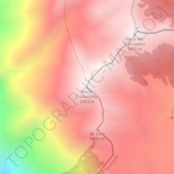 Mapa topográfico Monte Cornacchia, altitud, relieve