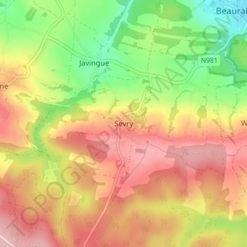 Mapa topográfico Sevry, altitud, relieve