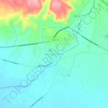 Mapa topográfico San Luis Talpa, altitud, relieve