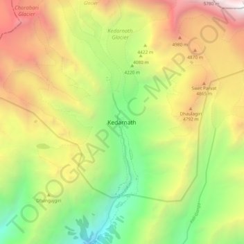 Mapa topográfico Kedarnath, altitud, relieve