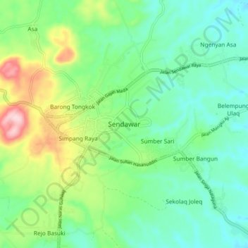 Mapa topográfico Sendawar, altitud, relieve