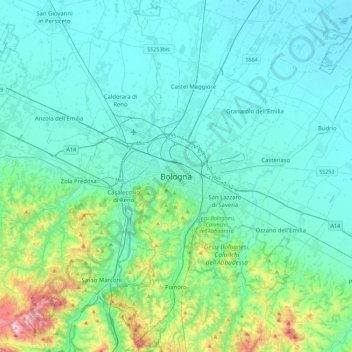 Mapa topográfico Bolonia, altitud, relieve