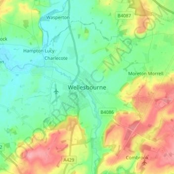 Mapa topográfico Wellesbourne, altitud, relieve