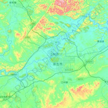 Mapa topográfico Jiangzhou, altitud, relieve