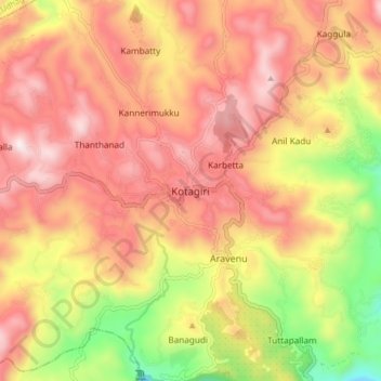 Mapa topográfico Kotagiri, altitud, relieve