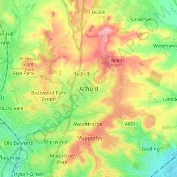 Mapa topográfico Arnold, altitud, relieve