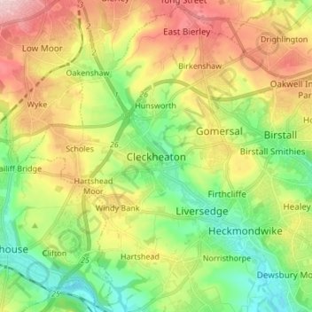 Mapa topográfico Cleckheaton, altitud, relieve