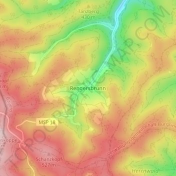 Mapa topográfico Rengersbrunn, altitud, relieve