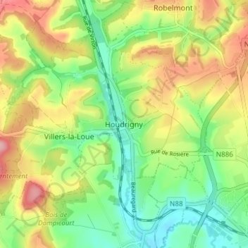 Mapa topográfico Houdrigny, altitud, relieve