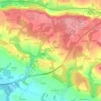 Mapa topográfico Kergouach, altitud, relieve