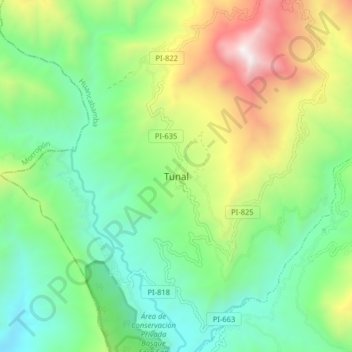 Mapa topográfico Tunal, altitud, relieve