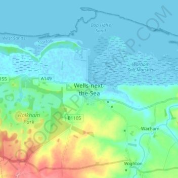 Mapa topográfico Wells-next-the-Sea, altitud, relieve