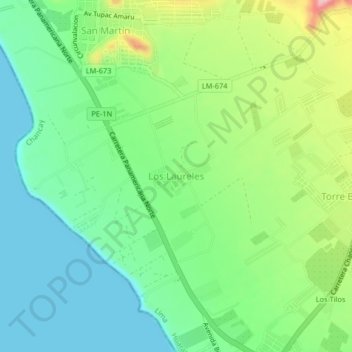 Mapa topográfico Los Laureles, altitud, relieve