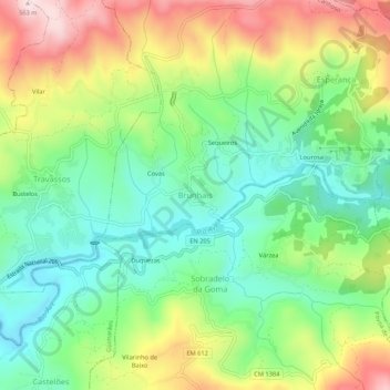Mapa topográfico Brunhais, altitud, relieve