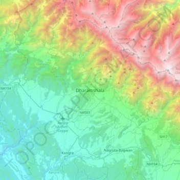 Mapa topográfico Dharamshala, altitud, relieve