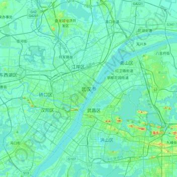 Mapa topográfico Wuhan, altitud, relieve