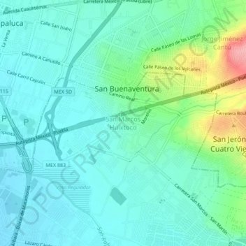 Mapa topográfico San Marcos Huixtoco, altitud, relieve
