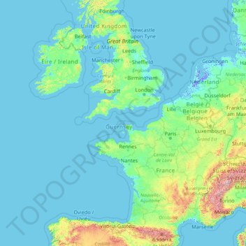 Mapa topográfico Jersey, altitud, relieve