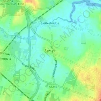 Mapa topográfico Rawreth, altitud, relieve