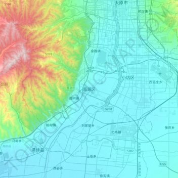 Mapa topográfico Jinyuan, altitud, relieve