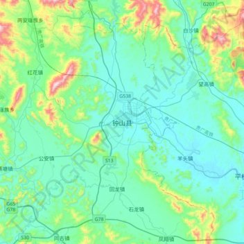 Mapa topográfico Zhongshan, altitud, relieve