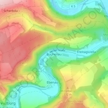 Mapa topográfico Buchenau, altitud, relieve