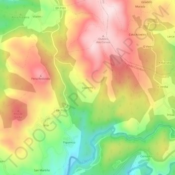 Mapa topográfico Loureiro, altitud, relieve