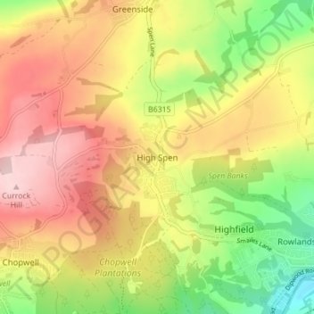 Mapa topográfico High Spen, altitud, relieve