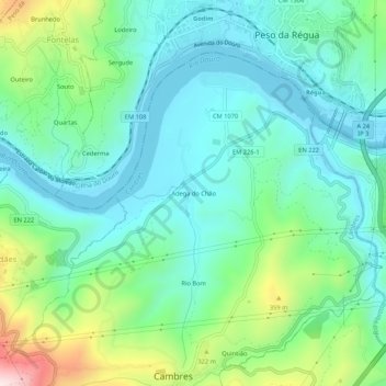 Mapa topográfico Adega do Chão, altitud, relieve