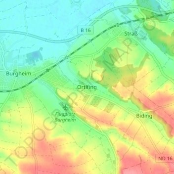 Mapa topográfico Ortlfing, altitud, relieve