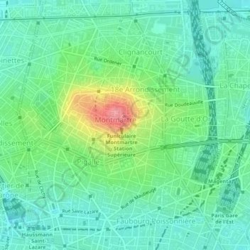 Mapa topográfico Montmartre, altitud, relieve