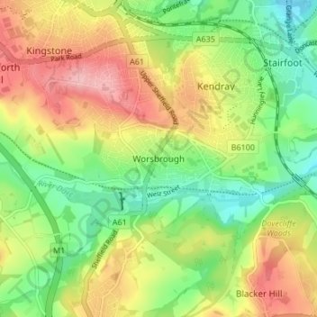 Mapa topográfico Worsbrough, altitud, relieve