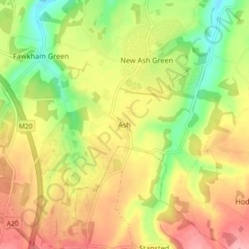 Mapa topográfico Ash, altitud, relieve