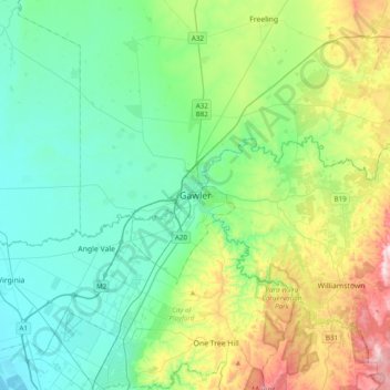 Mapa topográfico Gawler, altitud, relieve