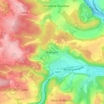 Mapa topográfico Warnant, altitud, relieve