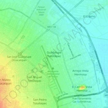 Mapa topográfico Guadalupe Totoltepec, altitud, relieve