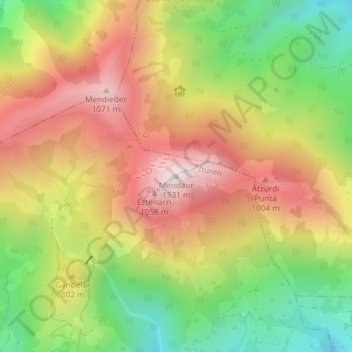 Mapa topográfico Mendaur, altitud, relieve