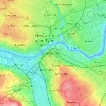Mapa topográfico Gateshead, altitud, relieve