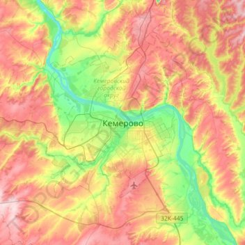 Mapa topográfico Кемерово, altitud, relieve