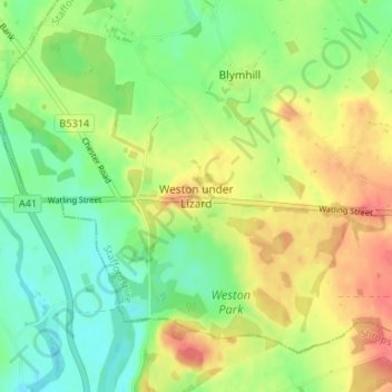 Mapa topográfico Weston under Lizard, altitud, relieve